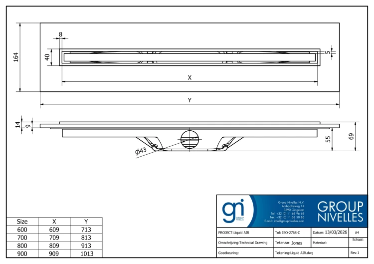 I-DRAIN Liquid AIR 70, 80, 90 cm – rysunek techniczny producenta