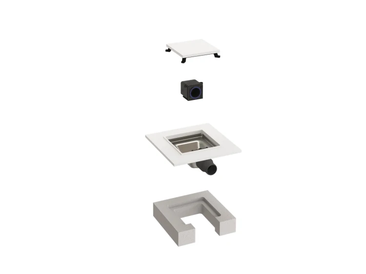 I-DRAIN Liquid Square White – elementy odpływu w widoku rozstrzelonym