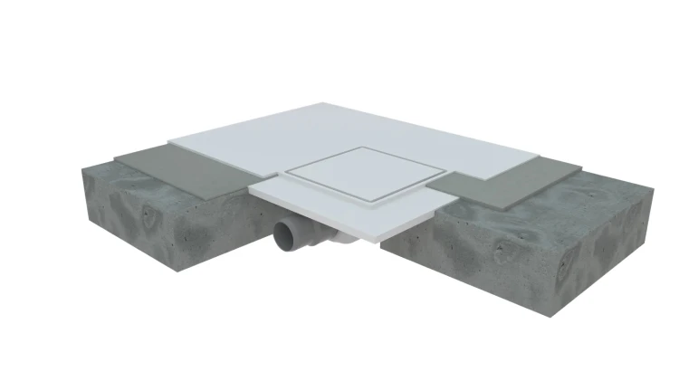 I-DRAIN Liquid Square – przekrój połączenia odpływu z posadzką