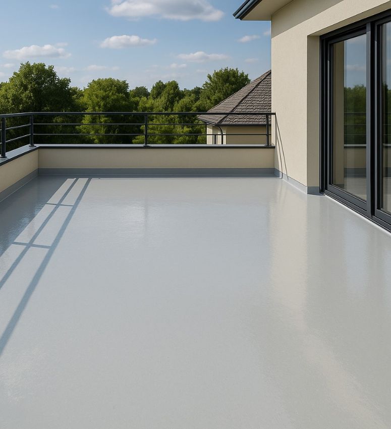 żywica poliuretanowa zewnętrzna w szarym odcieniu wykonana na gładko na tarasie domu jednorodzinnego